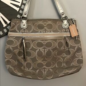 Coach silver and tan signature handbag